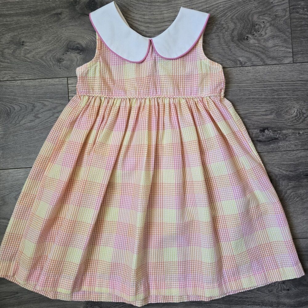 Vintage Copper Key Girls Plaid Gingham Dress 5 Jamaica Floral Embroidery Collar